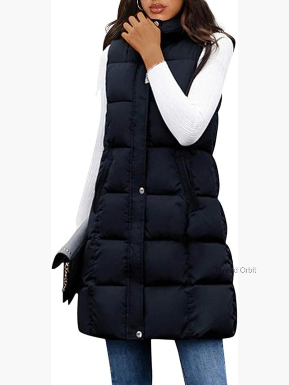 Long Puffer Vest Hooded Sleeveless Down-Alternative Quilted Coat